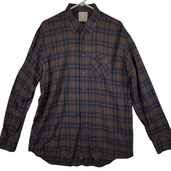 Billy Reid Other - Billy Reid Mens XXL Brown Navy Blue Plaid Flannel Button Down Shirt Standard Cut